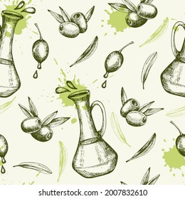 Vintage hand drawn seamless pattern with olives and olive oil. Vector background