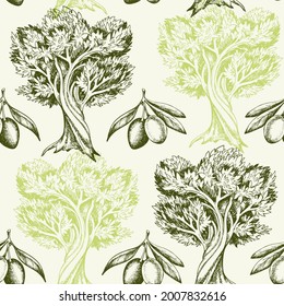 Patrón inmaculado con aceitunas y olivos dibujado a mano. Fondo del vector