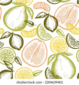 Vintage hand drawn seamless pattern with lemon and grapefruit. Vector background. 