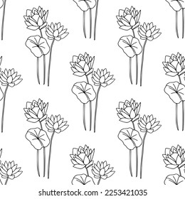 Vintage hand drawn seamless pattern with flowers. Black and white linear floral texture. Bohemian line art botany elements. Elegant outline spring or summer vector surface for textile, fabric, paper