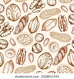 Vintage hand drawn seamless pattern with hazelnut, walnut and peanut. Vector illustrations. Background with various nuts.