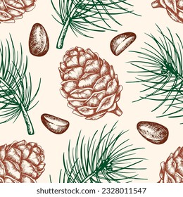 Vintage hand drawn seamless pattern with pine cone and nuts. Vector background