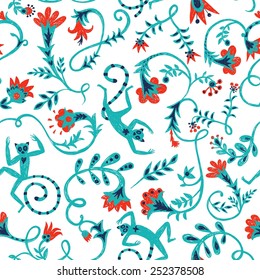 Vintage hand drawn seamless pattern with flower elements and cute lemurs
