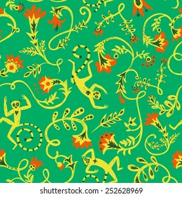 Vintage hand drawn seamless pattern with flower elements and cute lemurs