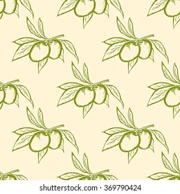 Vintage hand drawn seamless pattern with green olives