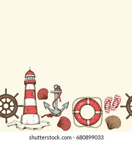 Vintage hand drawn seamless pattern with wheel, lighthouse, flip flops, shells, anchor. Pattern can be used for wallpaper, web page background, surface textures