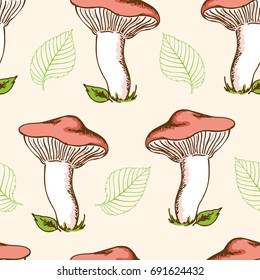 Vintage hand drawn seamless pattern with forest mushrooms and falling leaves