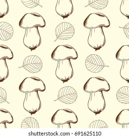 Vintage hand drawn seamless pattern with mushrooms and falling leaves