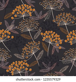 Vintage Hand drawn seamless vector pattern. Fall/winter line flowers and orange berries design for fashion,fabric.wallpaper and all prints on dark grey background. 