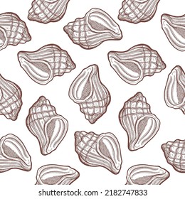 vintage hand drawn seashell conch line art seamless pattern