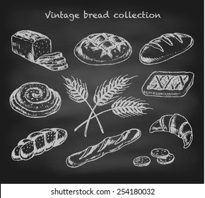 Vintage hand drawn set of bakery on chalkboard (blackboard), vector illustration, sketch