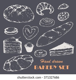 Vintage hand drawn set of bakery, hand drawn vector illustration, realistic sketch. Chalk bakery and pastry.