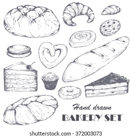 Vintage Hand Drawn Set Of Bakery, Hand Drawn Vector Illustration, Realistic Sketch. Chalk Bakery And Pastry.