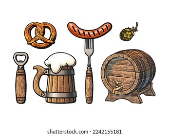 Vintage hand drawn set of beer objects. Fork with grilled sausage, bottle opener, wooden mug full of beer, Bavarian pretzel, hop cone, old barrel. Vector illustration isolated on white background.