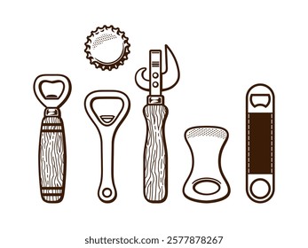 Vintage hand drawn set of beer bottle openers. Monochrome vector illustration isolated on white background.