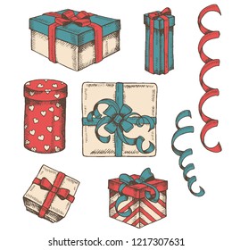 Vintage Hand drawn Set of different colorful gifts box, packages and serpentine isolated on white. Sketch. Engraving. Christmas, New Year, happy Birthday, St. Valentine's Day