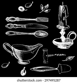 Vintage hand drawn set of elements of dining table and pattern as well .