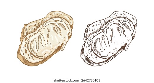 Vintage hand drawn set of sliced bread with creamy butter. Includes color and monochrome versions. Perfect for bakery, breakfast, culinary designs and rustic food packaging.