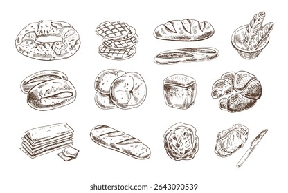 Vintage hand drawn set of various bakery items including bread, buns, baguettes, pastries and a knife. Monochrome engraved style, perfect for bakery packaging, labels, menus, and culinary projects.