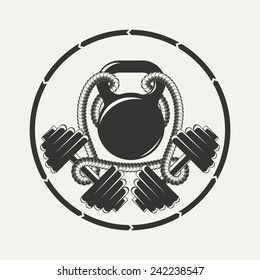 Vintage, hand drawn setsilhouette dumbbell and kettlebell . Fitness sports emblems. 
