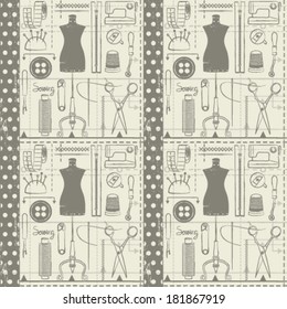 Vintage Hand Drawn Sewing Related Seamless Stock Vector (Royalty Free ...