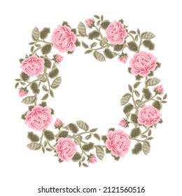 Vintage hand drawn shabby chic pink rose flower frame wreath vector illustration arrangement for wedding invitation decoration with green leaf branch and floral bud