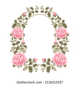 Vintage hand drawn shabby chic pink rose flower frame wreath vector illustration arrangement for wedding invitation decoration with green leaf branch and floral bud