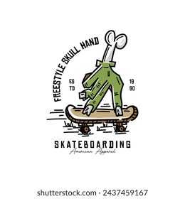 Vintage dibujado a mano esqueleto o mano zombi jugando mini skateboard vector sketch ilustración