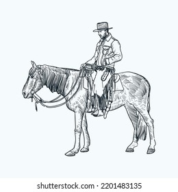 Vintage hand drawn sketch cowboy on horse