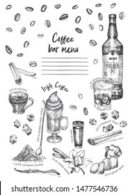 Vintage hand drawn sketch design bar, restaurant, cafe menu on white background. Graphic vector art. Irish coffee Whiskey with ice Creative template for flyer, banner, poster Engraving retro style