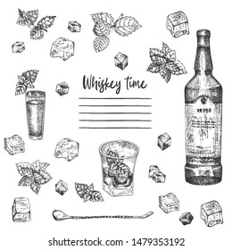 Vintage hand drawn sketch design bar, restaurant, cafe menu on white background. Graphic vector art. Iwhiskey with ice and mint Creative template for flyer, banner, poster Engraving retro style