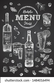 Vintage hand drawn sketch design bar, restaurant, cafe cover menu on black chalk board background. Graphic vector art Whiskey with ice, mint Creative template for flyer, banner, poster