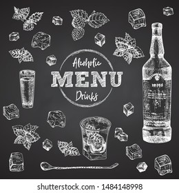 Vintage hand drawn sketch design bar, restaurant, cafe cover menu on black chalk board background. Graphic vector art Whiskey with ice, mint Creative template for flyer, banner, poster