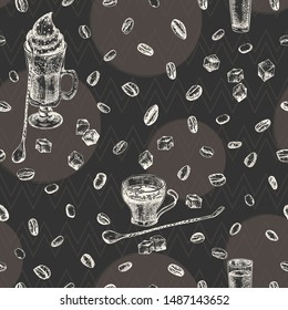 Vintage hand drawn sketch design bar, restaurant, cafe menu on black chalk board background. Seamless pattern Graphic vector art. Irish coffee Creative template for flyer, banner, poster, brochure