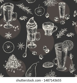 Vintage hand drawn sketch design bar, restaurant, cafe menu on black chalk board background. Seamless pattern Graphic vector art. Irish coffee Creative template for flyer, banner, poster, brochure