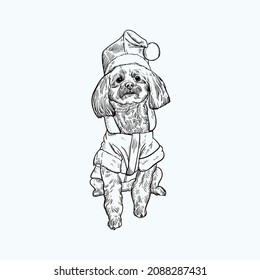 Vintage hand drawn sketch dog wear Christmas costume