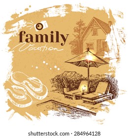 Vintage hand drawn sketch family vacation background. Getaway poster. Vector illustration