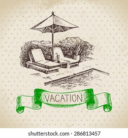 Vintage Hand Drawn Sketch Family Vacation Background. Getaway Poster. Vector Illustration