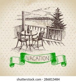 Vintage hand drawn sketch family vacation background. Getaway poster. Vector illustration