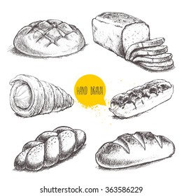 Vintage hand drawn sketch fresh style bakery set. Bread, cream roll tube, eclair on white background.