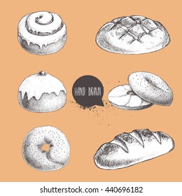 Vintage hand drawn sketch fresh style bakery set. Bread, iced bun, cinnamon iced bun, bagel with sesame and bagel with cream cheese and loaf.