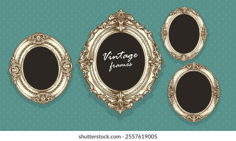 Vintage hand drawn sketch golden oval picture frames on dotted wall background. Empty photo design template. Vector illustration.