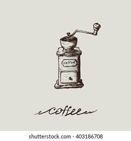 Vintage hand drawn sketch illustration coffee-mill for you design