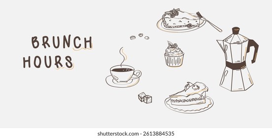 Vintage hand drawn sketch of morning breakfast menu. Brunch food poster cafe or restaurant, menu cover. Line art