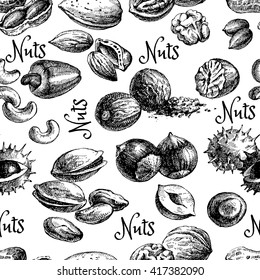 Vintage hand drawn sketch nuts seamless pattern. Black and white vector illustration
