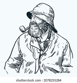 Vintage Hand Drawn Sketch Old Fisherman