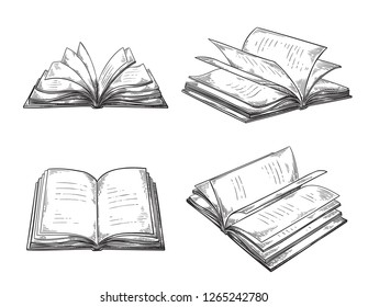 vintage hand drawn sketch set of books retro black and white drawing line graphic design vector illustration.