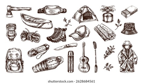Vintage hand drawn sketch set of travel and camping hiking and travel equipment, food, clothing and herbs. Includes tent, backpack, knife, cap, flashlight and more. Engraved monochrome illustration.