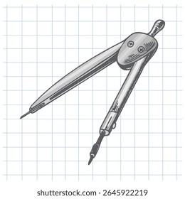 Vintage hand drawn sketch of a single metal compass for geometry and math drawing, placed on a blue grid notebook paper background. Ideal for educational or engineering design projects.