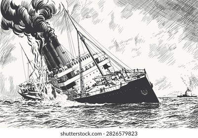 Vintage hand drawn sketch of sinking RMS Lusitania ocean liner with smoke engraving illustration.